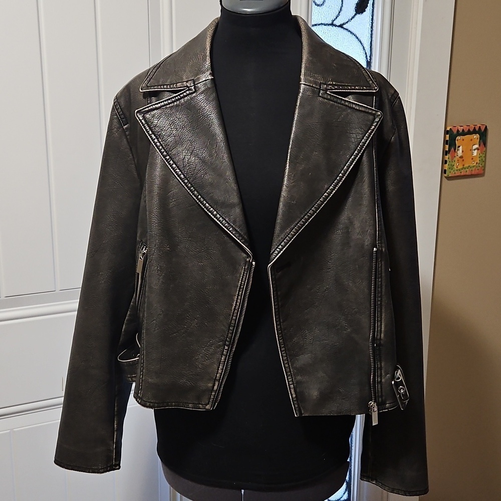 Zara Faux Leather Charcoal Grey Worn Effect Moto Jacket Size L - Picture 3 of 16